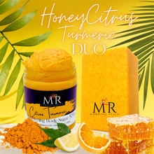 Load image into Gallery viewer, Honey Citrus Turmeric Brightening Sugar Scrub + Soap Duo
